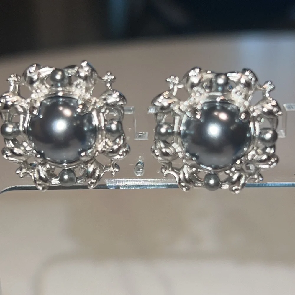 Erwin Pearl clip on earrings Vintage Semi-baroque Tahitian Pearl silver w/ blue - Picture 3 of 7